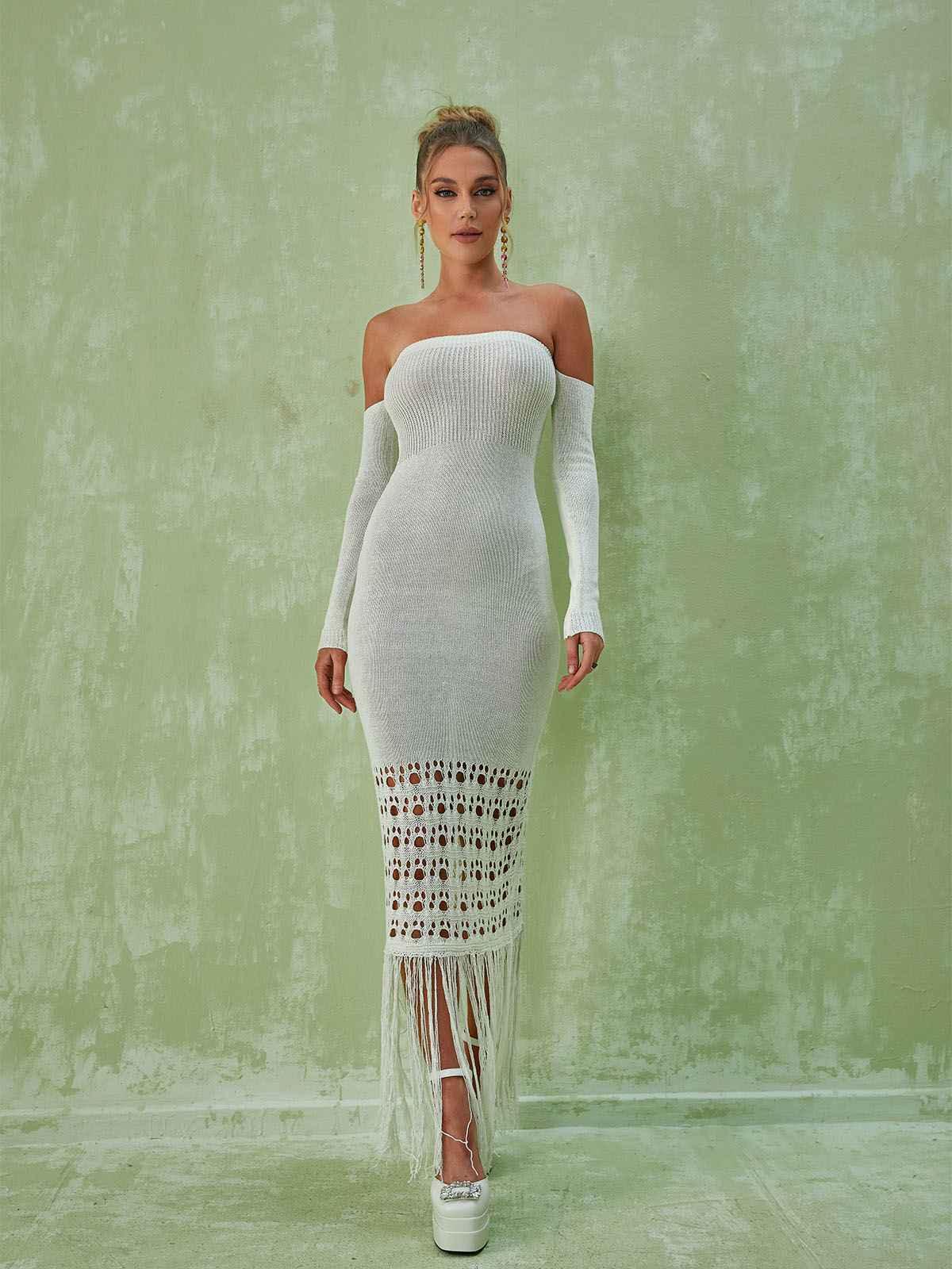 Off-Shoulder Long Sleeve Crochet Knit Fringe Hem Bodycon Maxi Dress