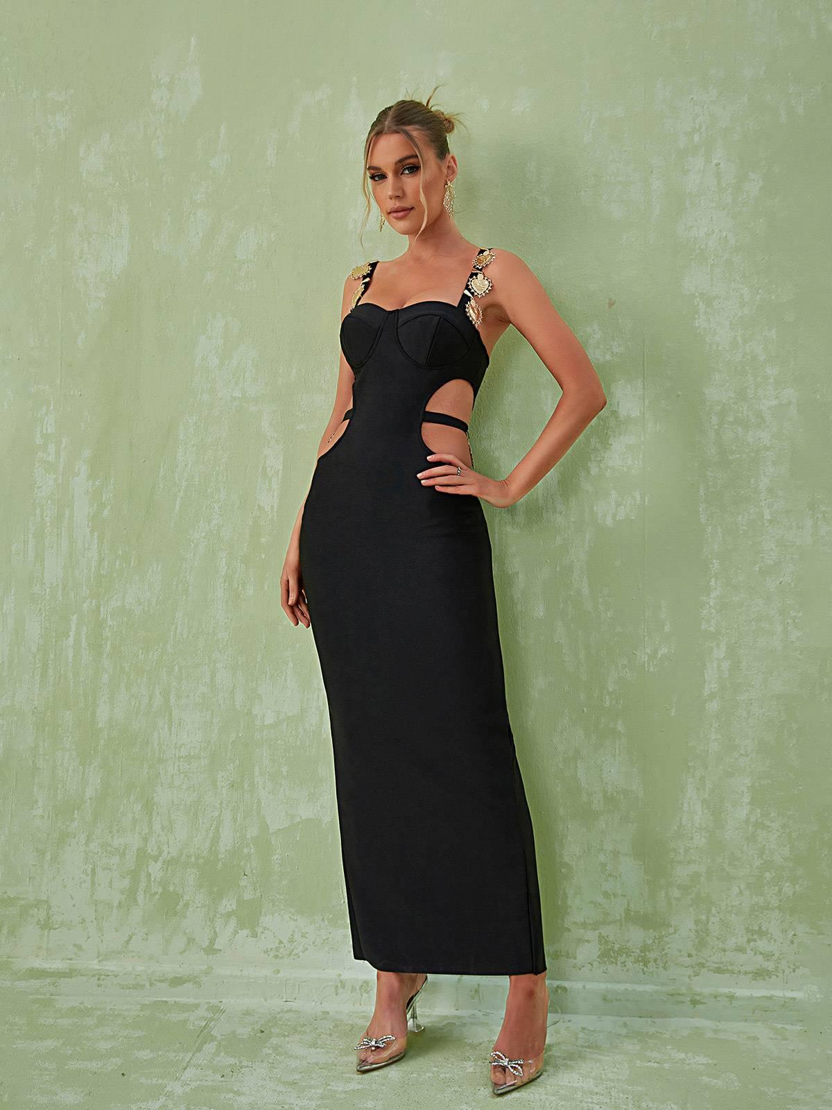 Sweetheart Neck Embellished Strap Contrast Cutout Bodycon Maxi Dress 9