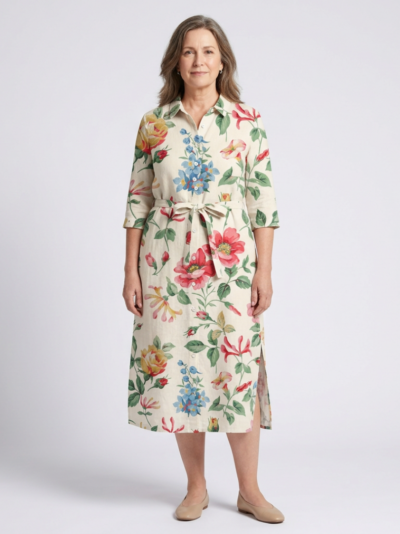 Floral Collared Floral Button Front Tie Waist Half Sleeve Midi Shirt Dress
