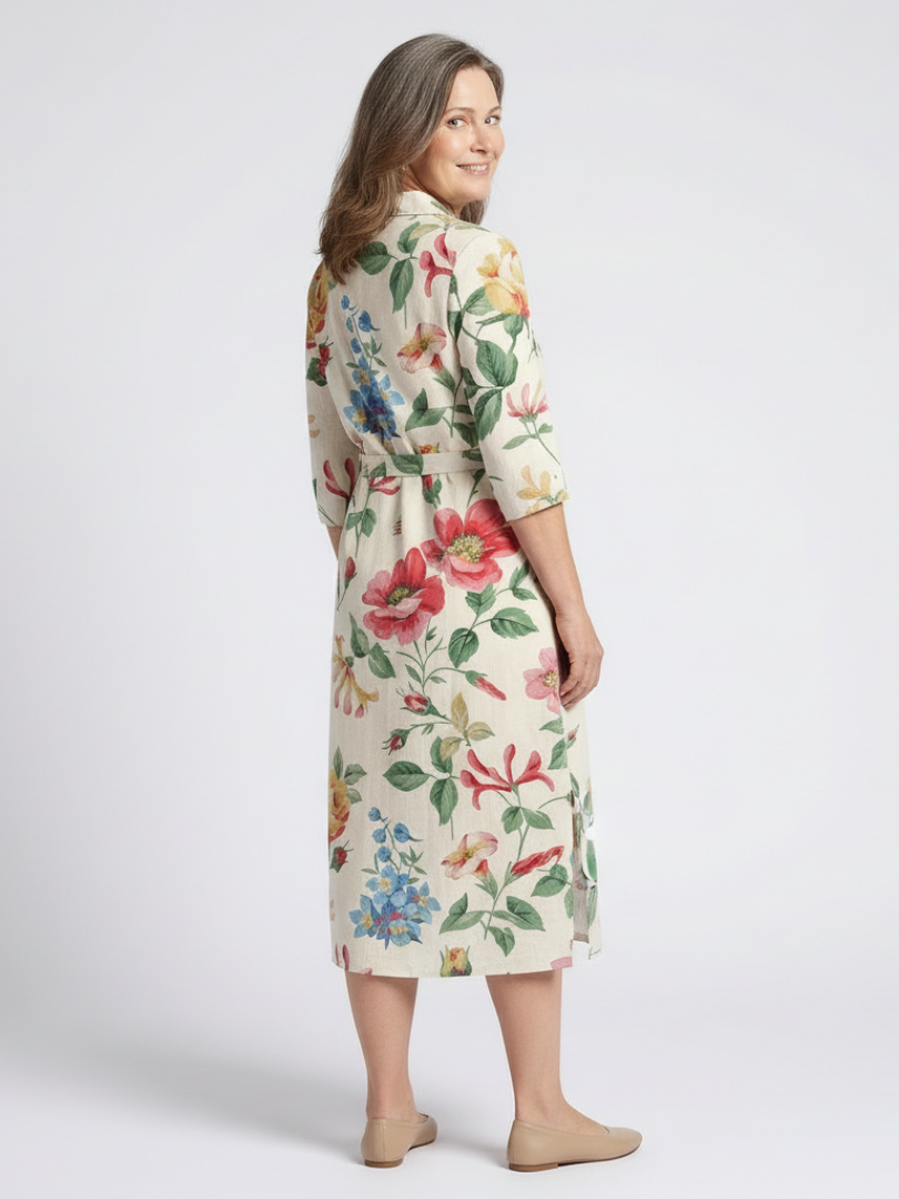 Floral Collared Floral Button Front Tie Waist Half Sleeve Midi Shirt Dress 3