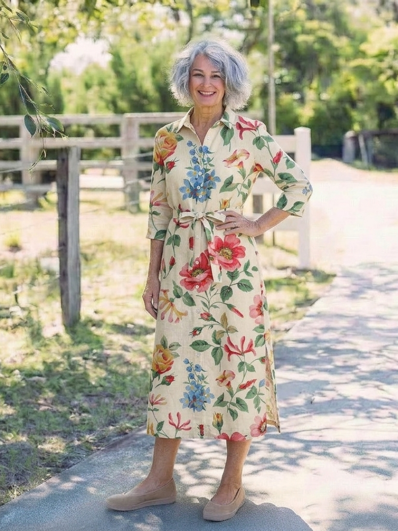 Floral Collared Floral Button Front Tie Waist Half Sleeve Midi Shirt Dress 4