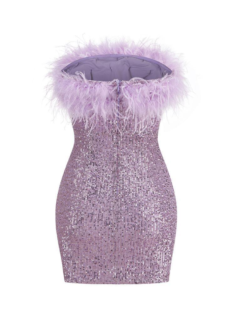 Strapless Feather Trim Sequin Bodycon Mini Dress