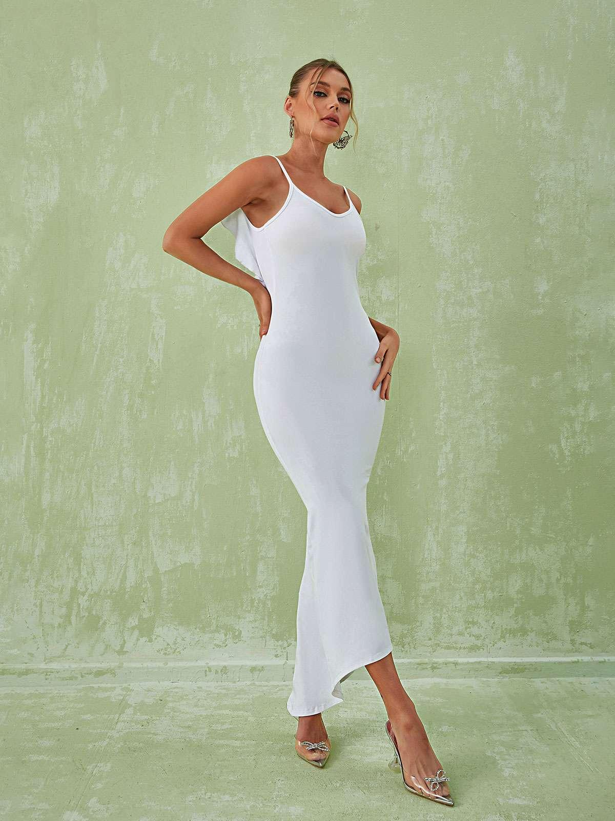 Ruffle Strap Open Back Ruched Mermaid Maxi Dress