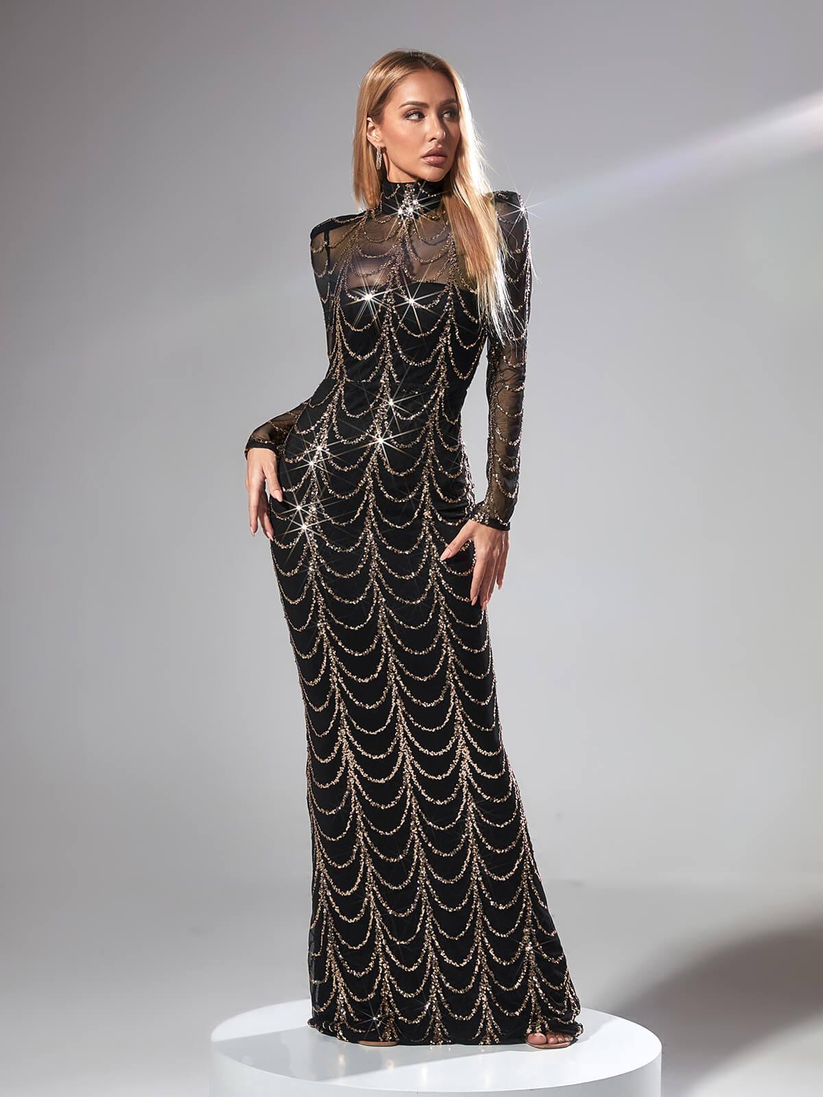 High Neck Long Sleeve Sequin Draped Illusion Mermaid Maxi Dress