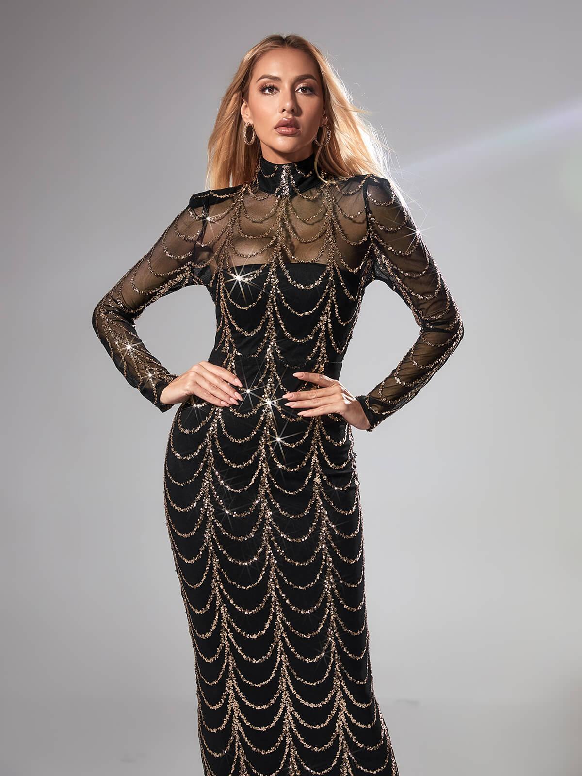 High Neck Long Sleeve Sequin Draped Illusion Mermaid Maxi Dress