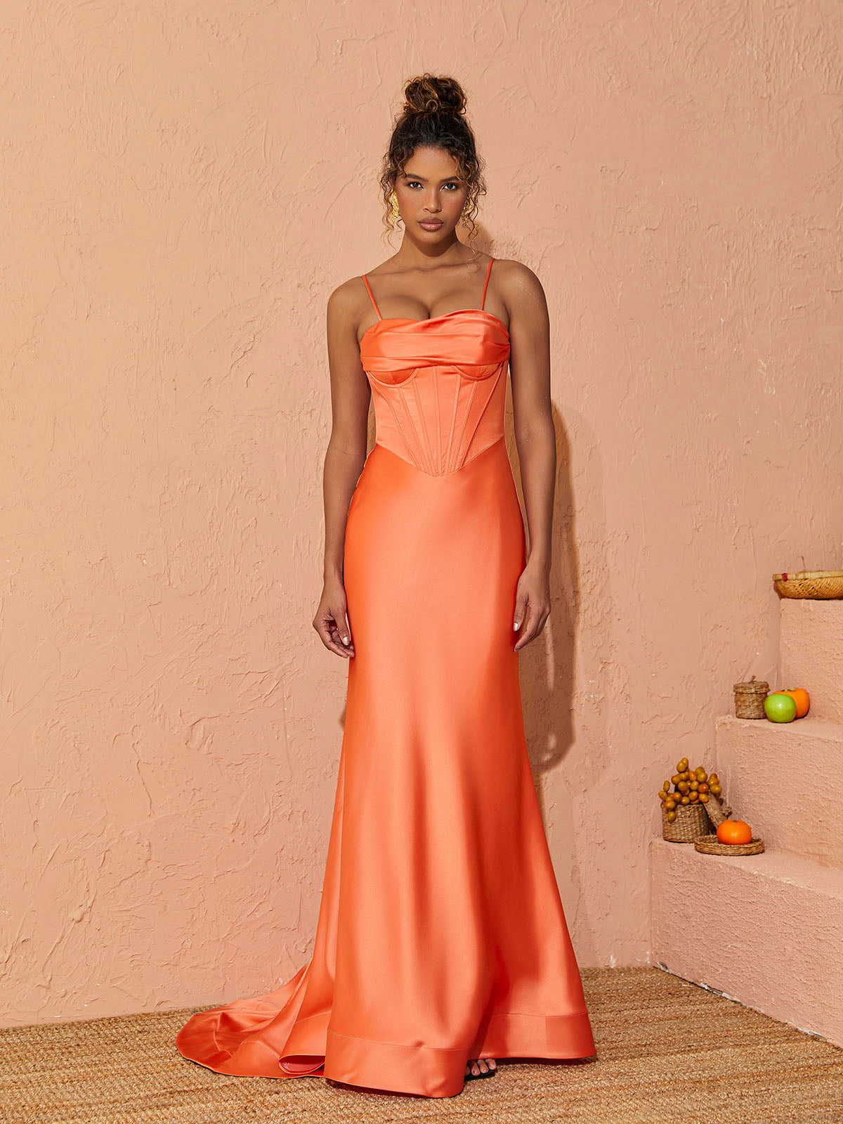 Spaghetti Strap Cowl Neck Satin Corset Mermaid Maxi Gown