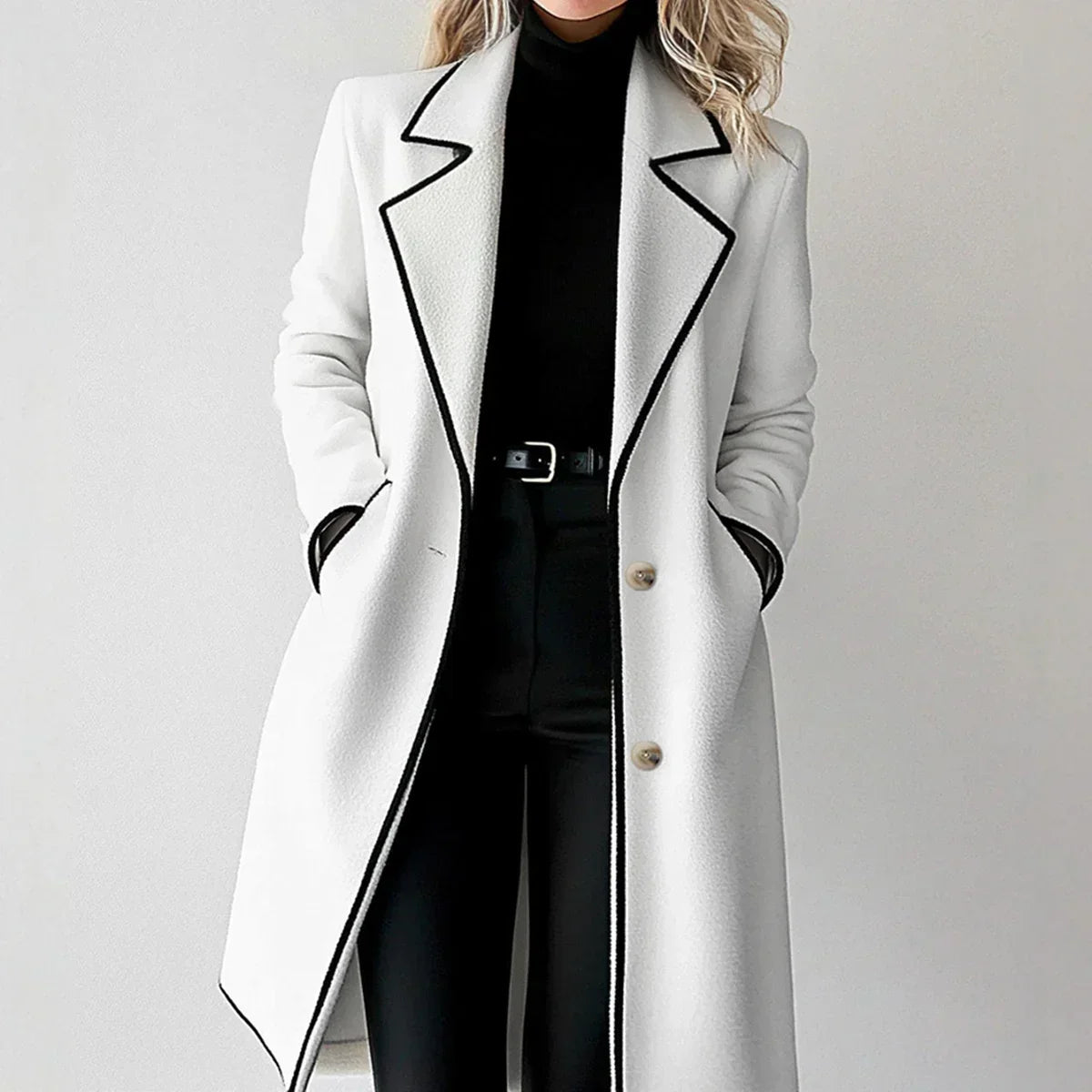 Striped Lapel Full Sleeve Woolen Overcoat White / S