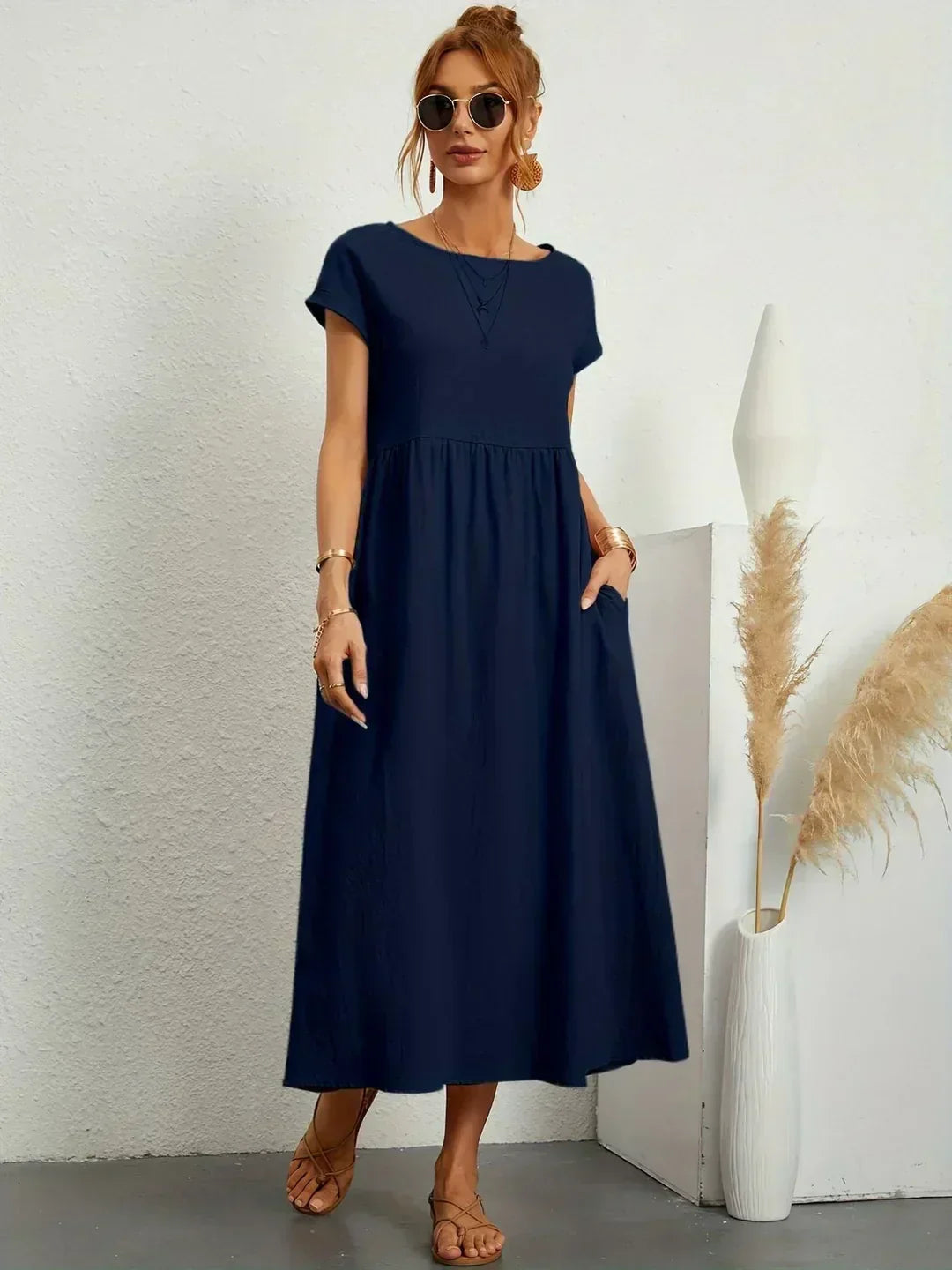Round Neck Short Sleeve Empire Waist Flowy Maxi Dress 4