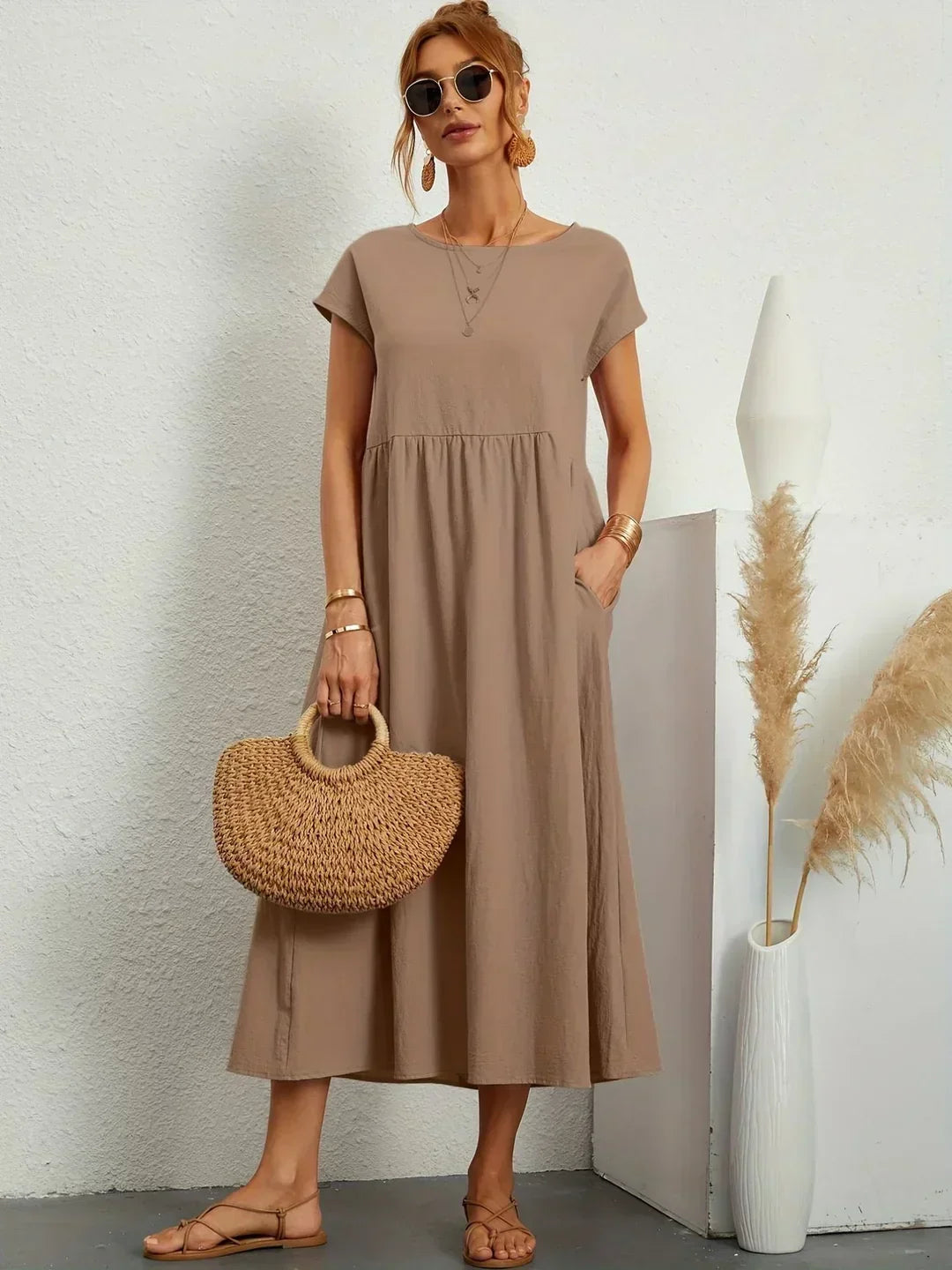 Round Neck Cap Sleeve Linen Dropped Waist Pocket A-Line Midi Dress