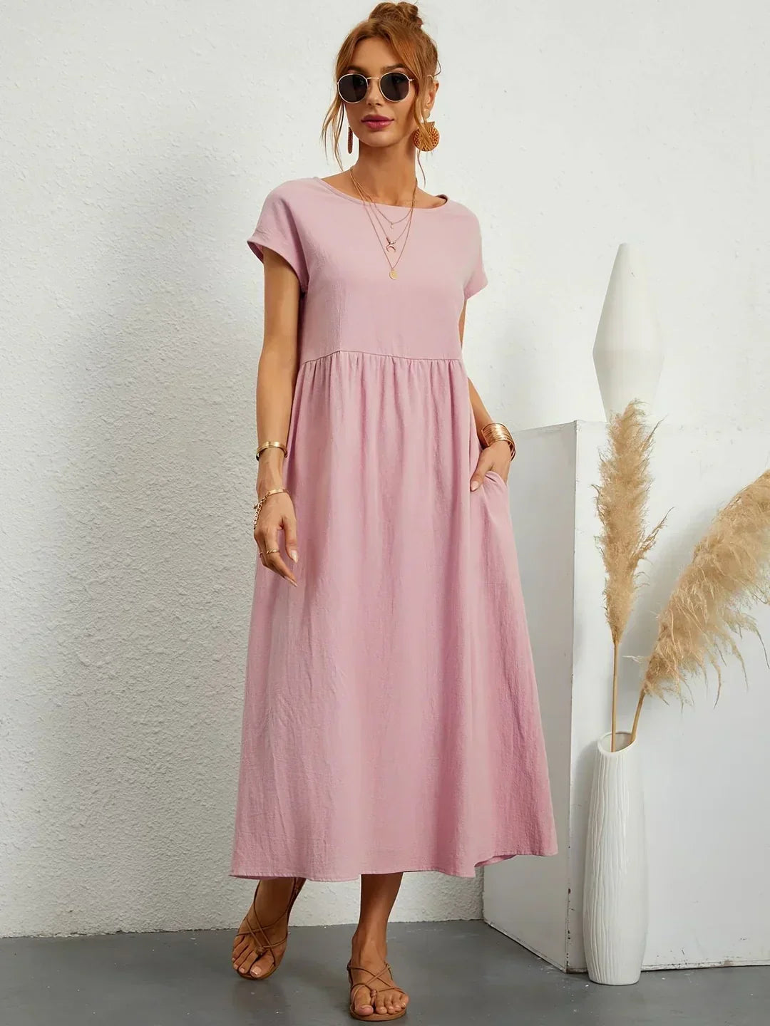 Round Neck Cap Sleeve Linen Dropped Waist Pocket A-Line Midi Dress