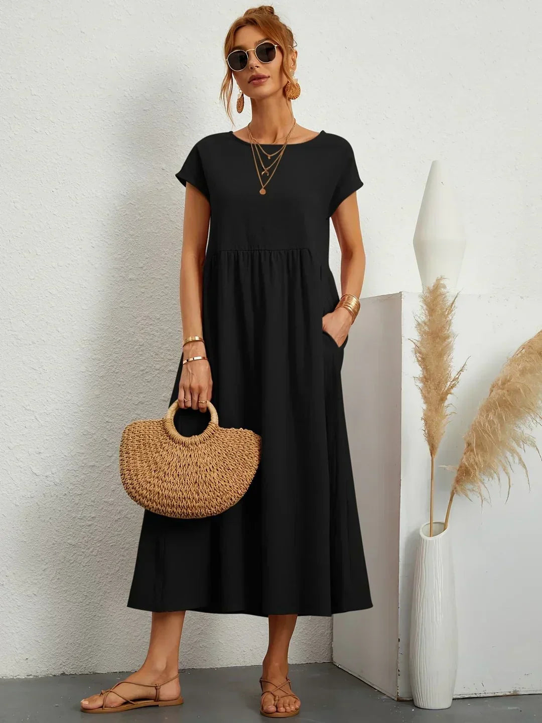 Round Neck Cap Sleeve Linen Dropped Waist Pocket A-Line Midi Dress