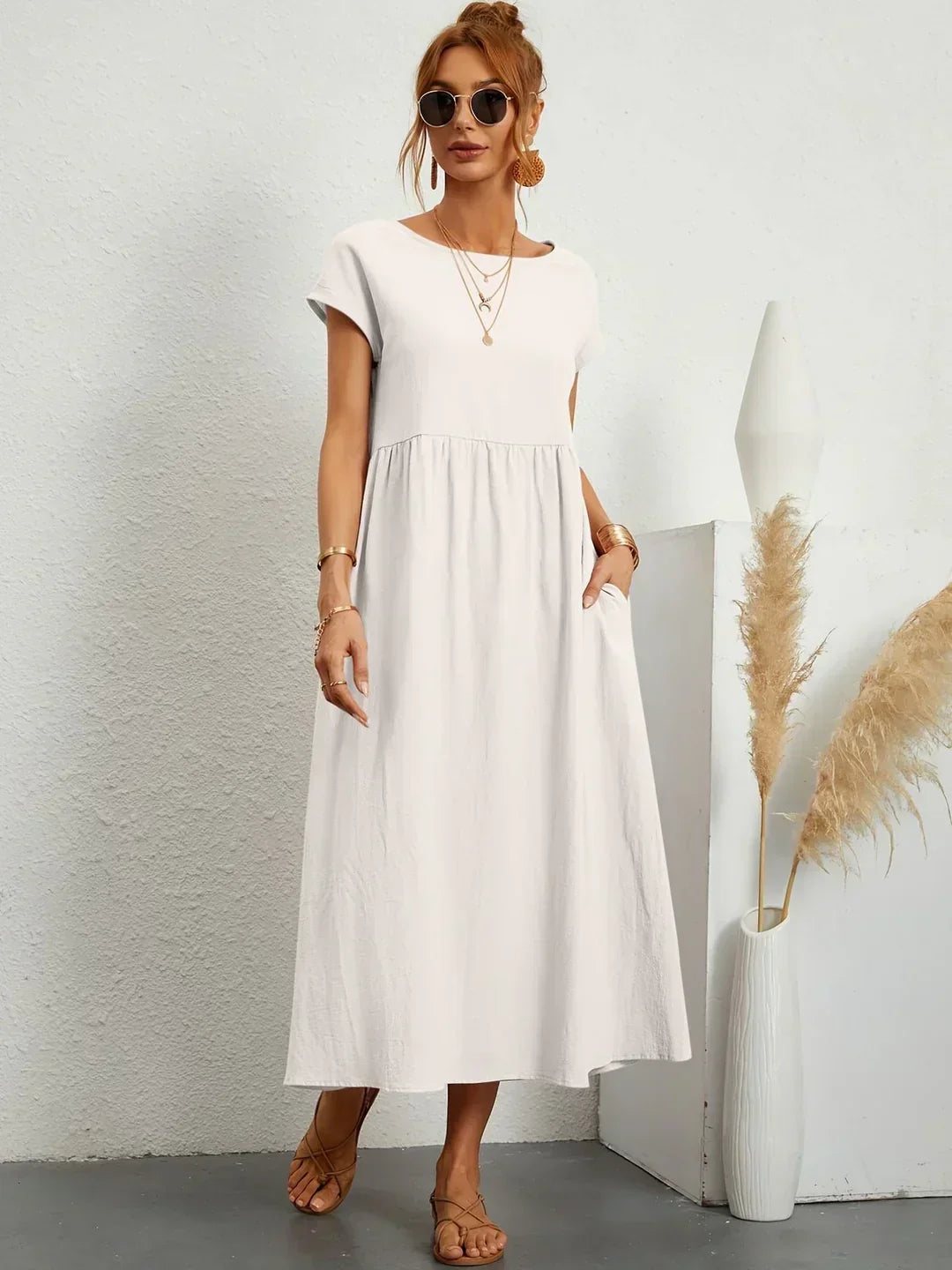 Round Neck Cap Sleeve Cotton Pocket Babydoll Midi Dress