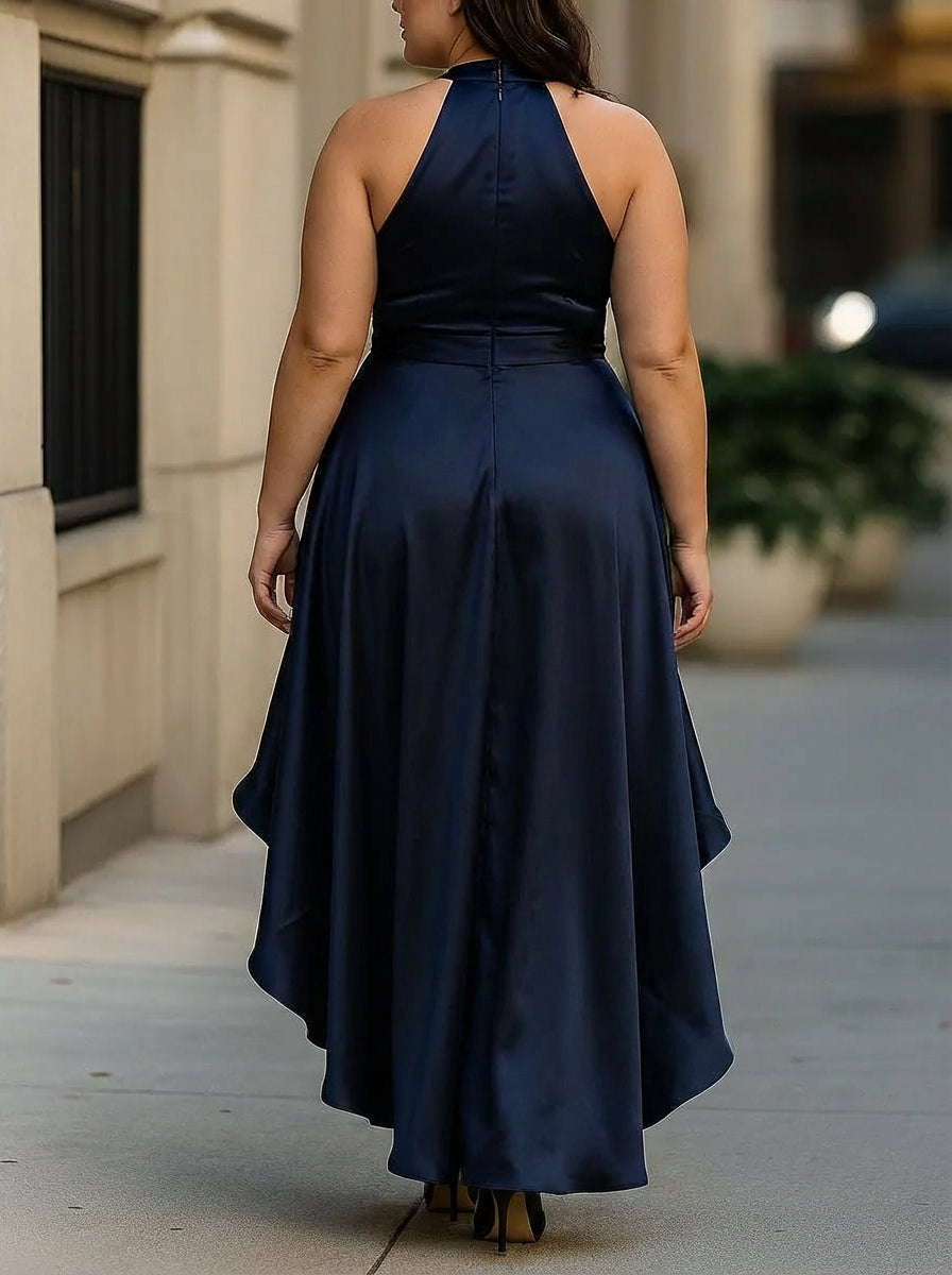 Halter Satin Wrap Tie Waist Ruched High-Low Maxi Dress 5