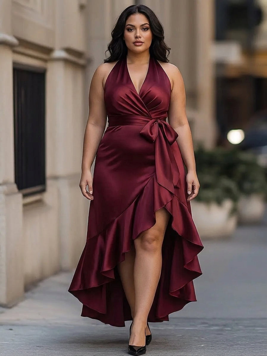 Halter Satin Wrap Tie Waist Ruched High-Low Maxi Dress 6