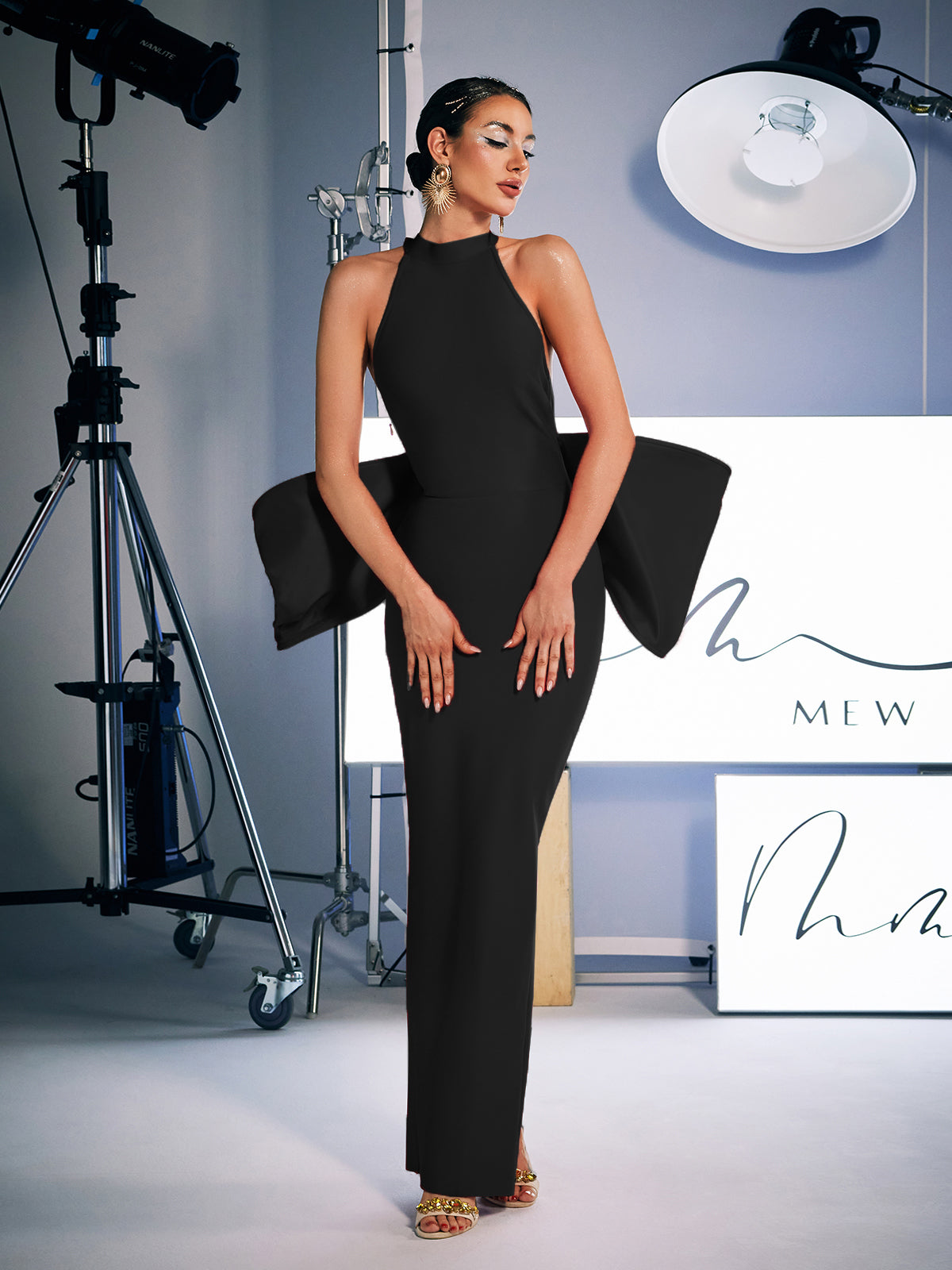 Bow Bandage Split Dress In Black