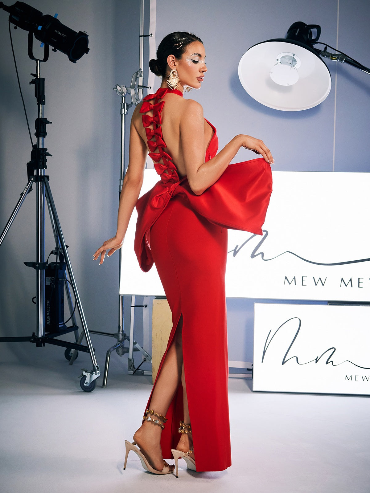 Bow Bandage Split Dress In Red