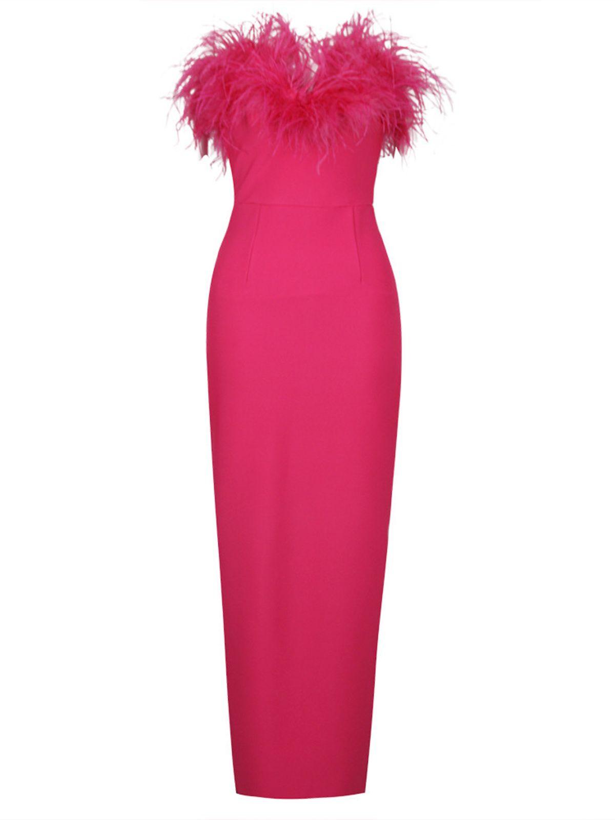 Strapless Feather Trim Bandage Bodycon Maxi Dress