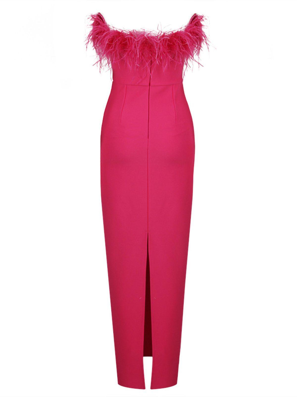 Strapless Feather Trim Bandage Bodycon Maxi Dress