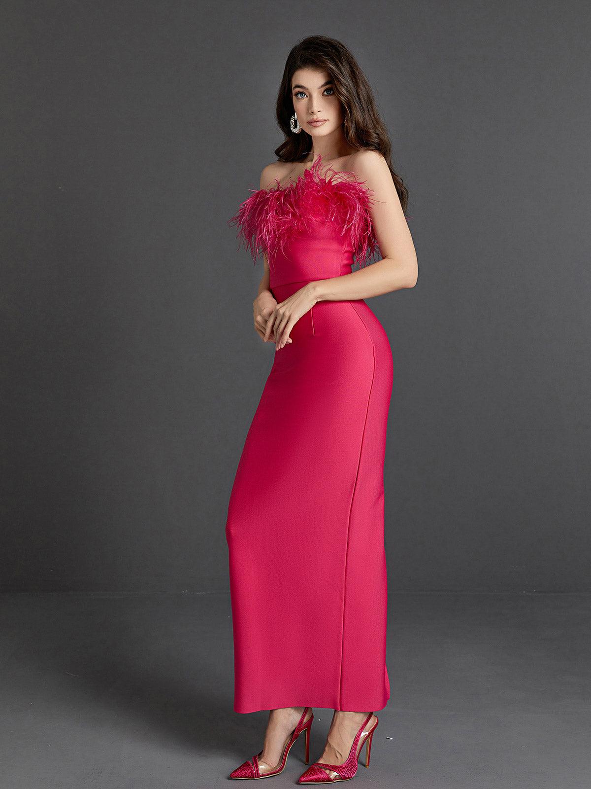 Strapless Feather Trim Bandage Bodycon Maxi Dress