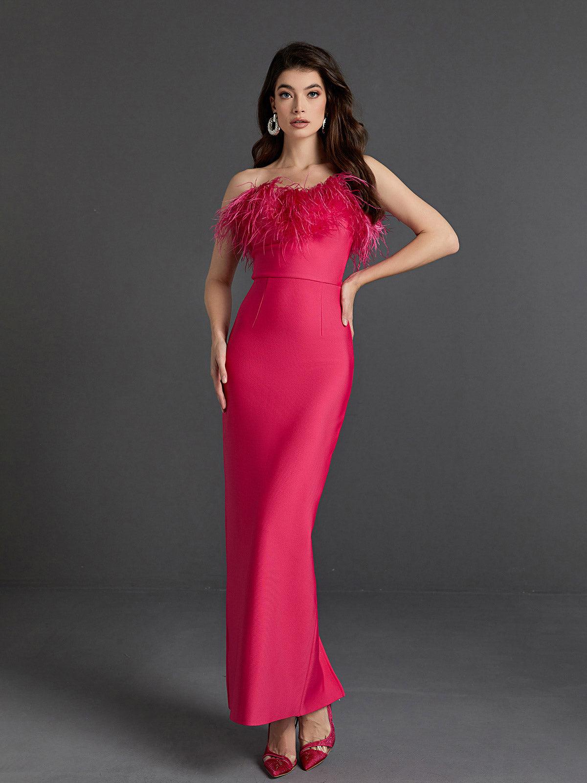 Strapless Feather Trim Bandage Bodycon Maxi Dress