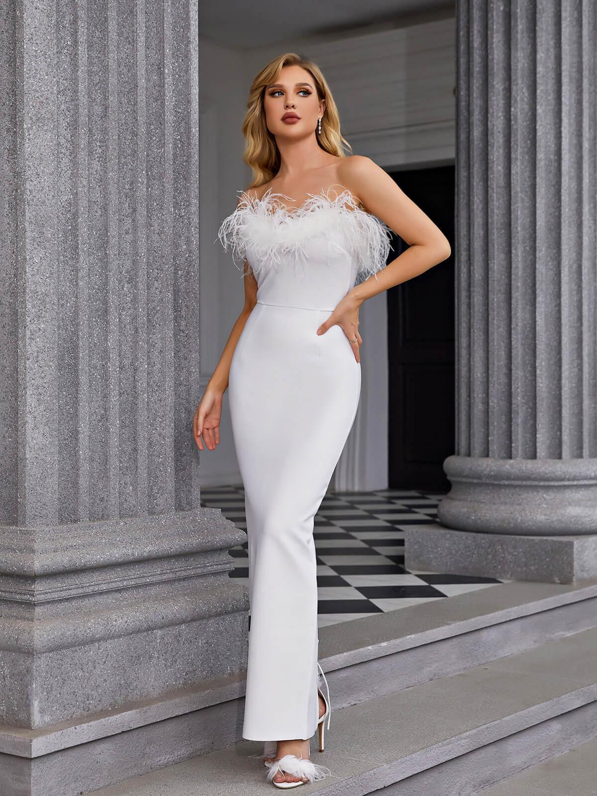 Strapless Feather Trim Bandage Bodycon Column Maxi Dress 3