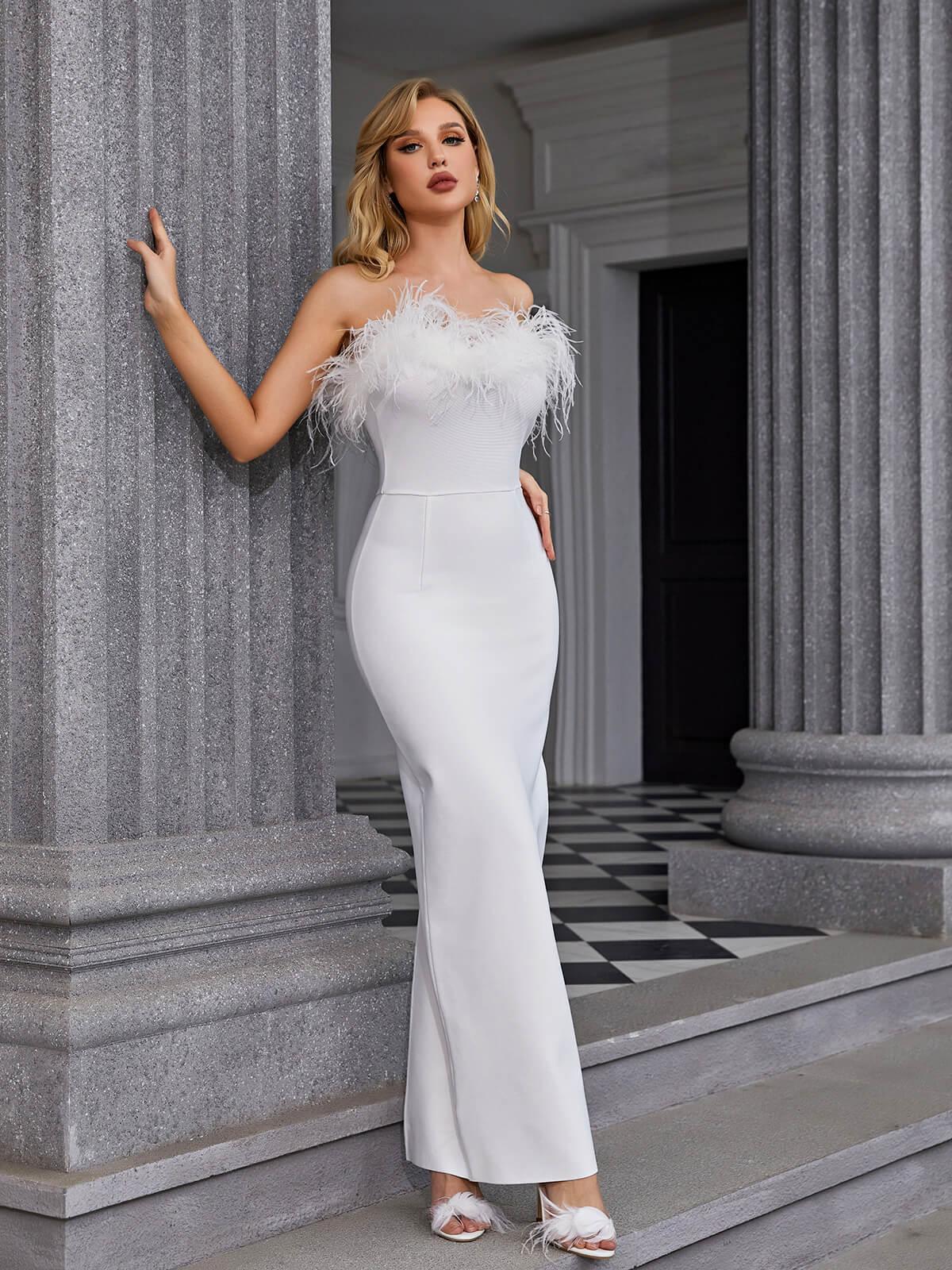 Strapless Feather Trim Bandage Bodycon Column Maxi Dress