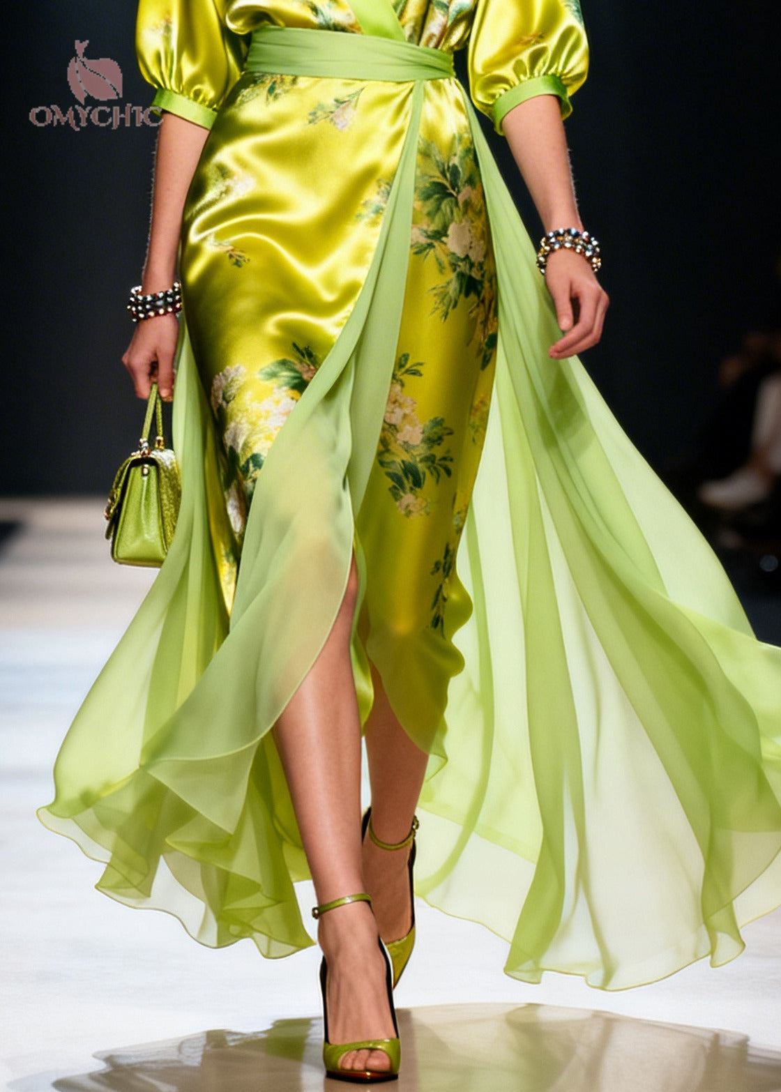 Modern Green Print Patchwork Exra Large Hem Silk Dress Summer