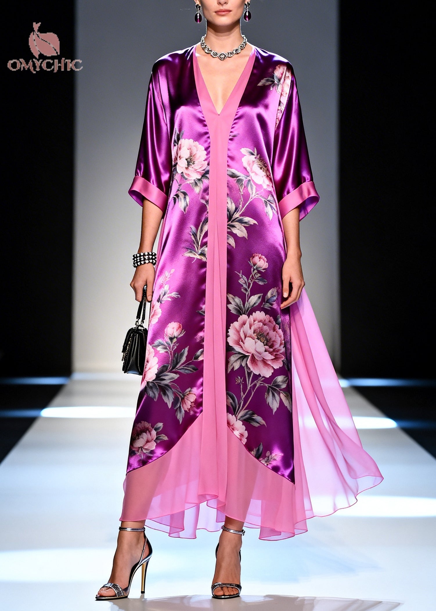 Modern Purple Flower Print Patchwork Silk Long Dress Summer