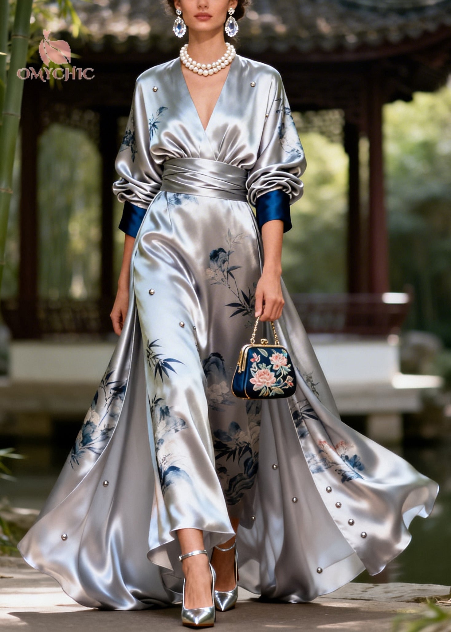 Modern Silvery Print Exra Large Hem Nail Bead Silk Party Dress Fall
