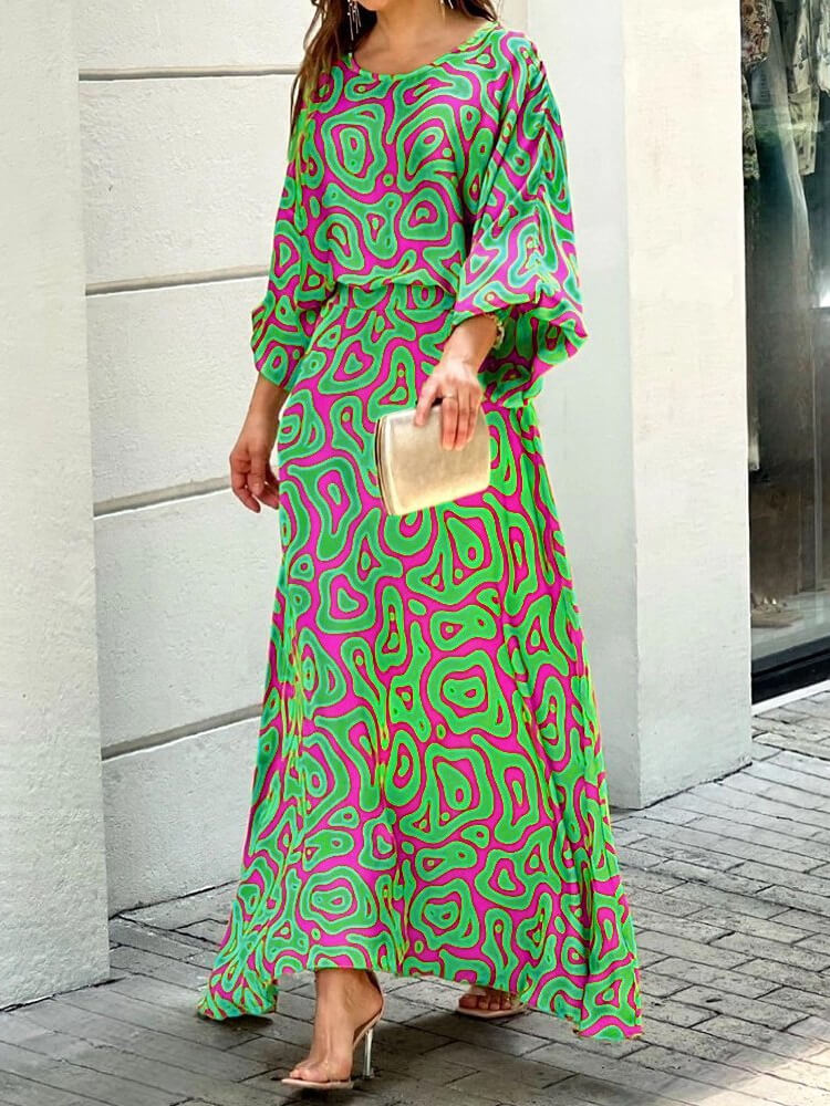 Modern 3/4 Sleeve Print Maxi Dress