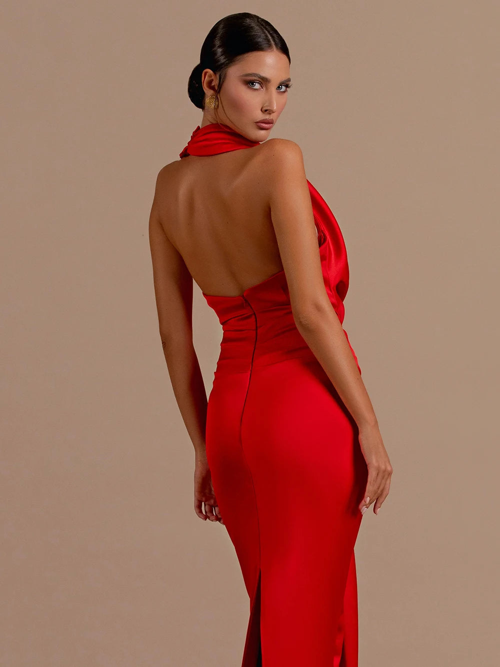 Red Backless Halter V-Neck Maxi Bodycon Party Dress