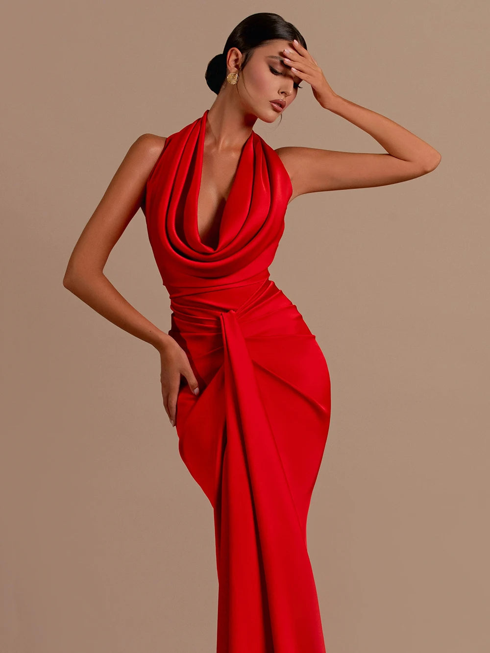 Red Backless Halter V-Neck Maxi Bodycon Party Dress