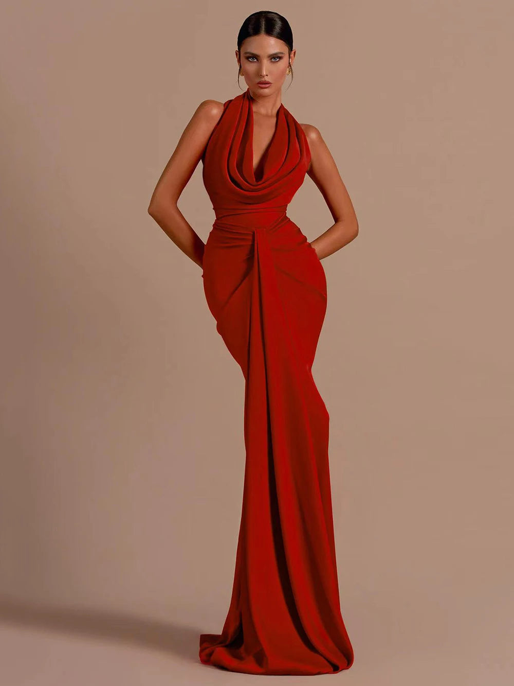 Red Backless Halter V-Neck Maxi Bodycon Party Dress
