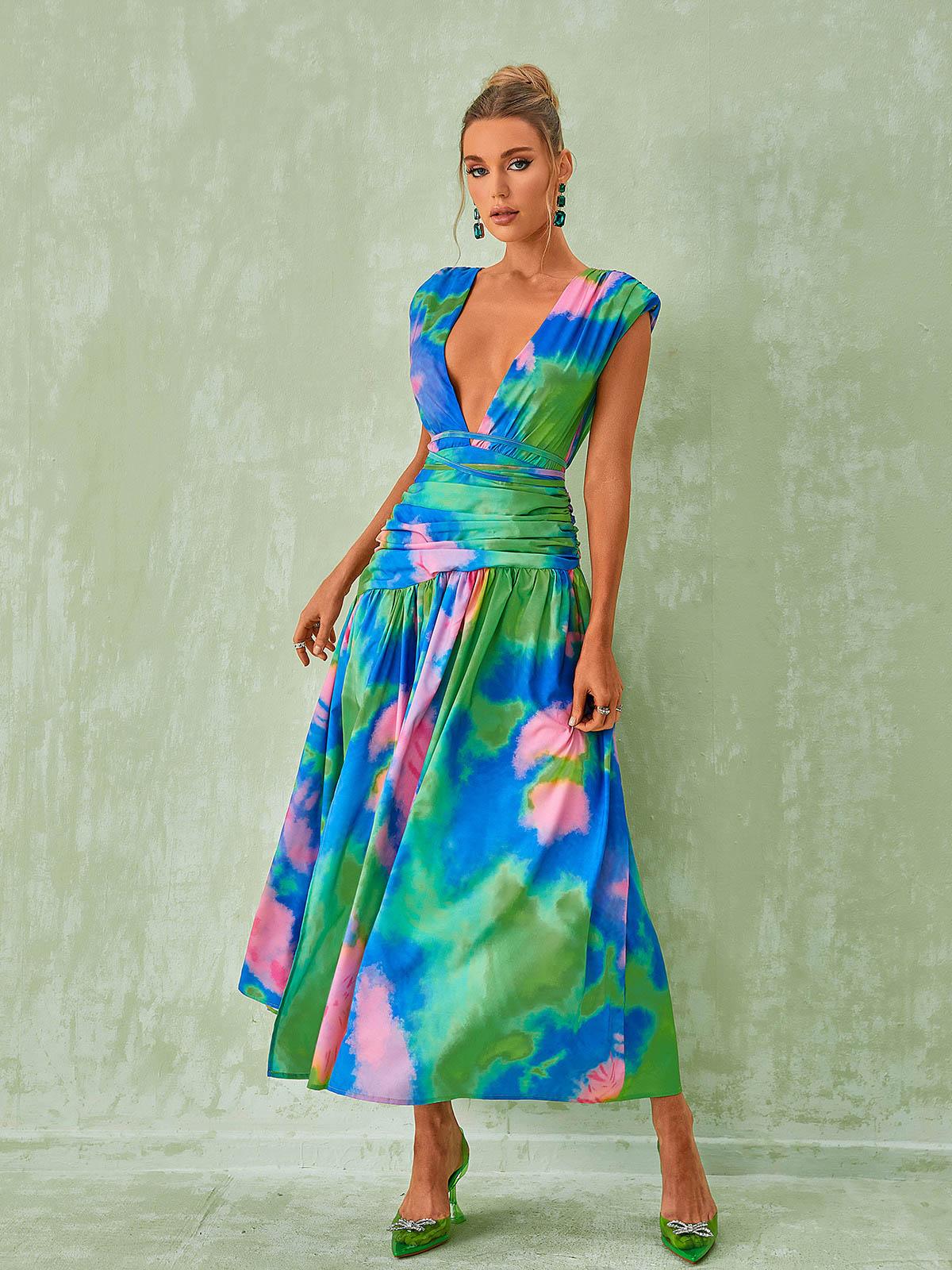 Blue Plunge Neck Tie-Dye Print Ruched Waist A-Line Maxi Dress