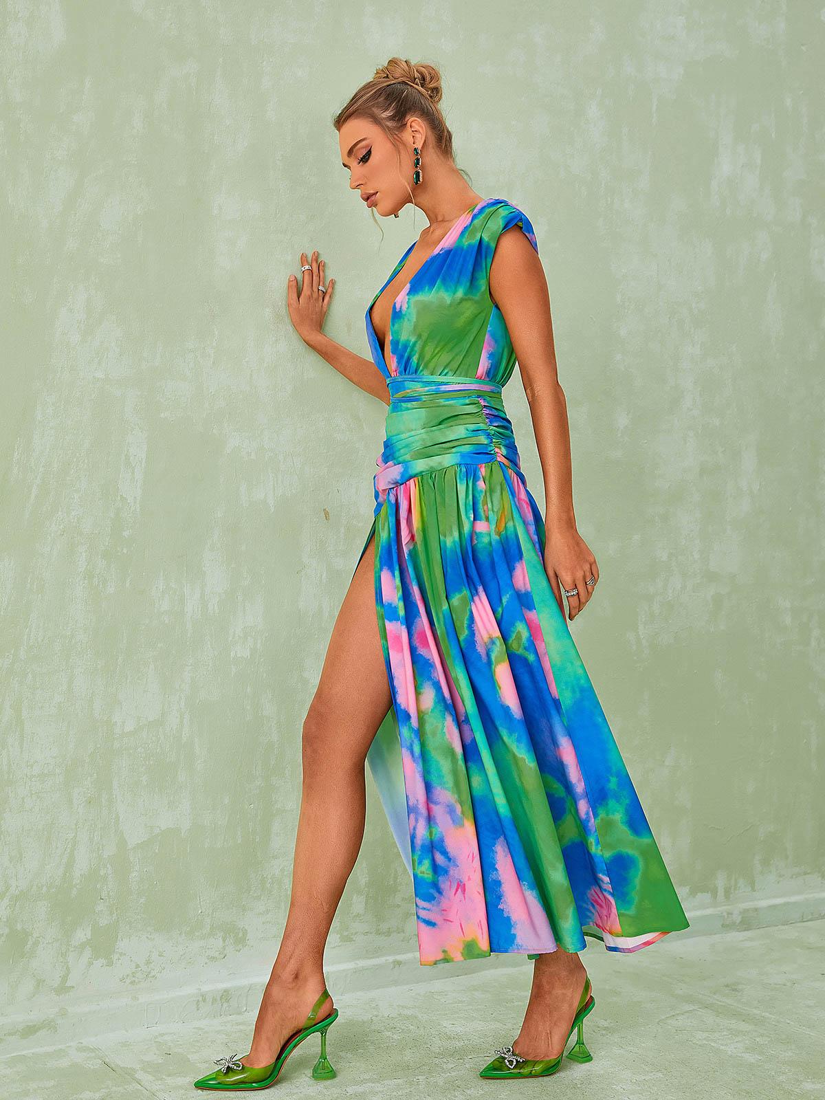 Blue Plunge Neck Tie-Dye Print Ruched Waist A-Line Maxi Dress