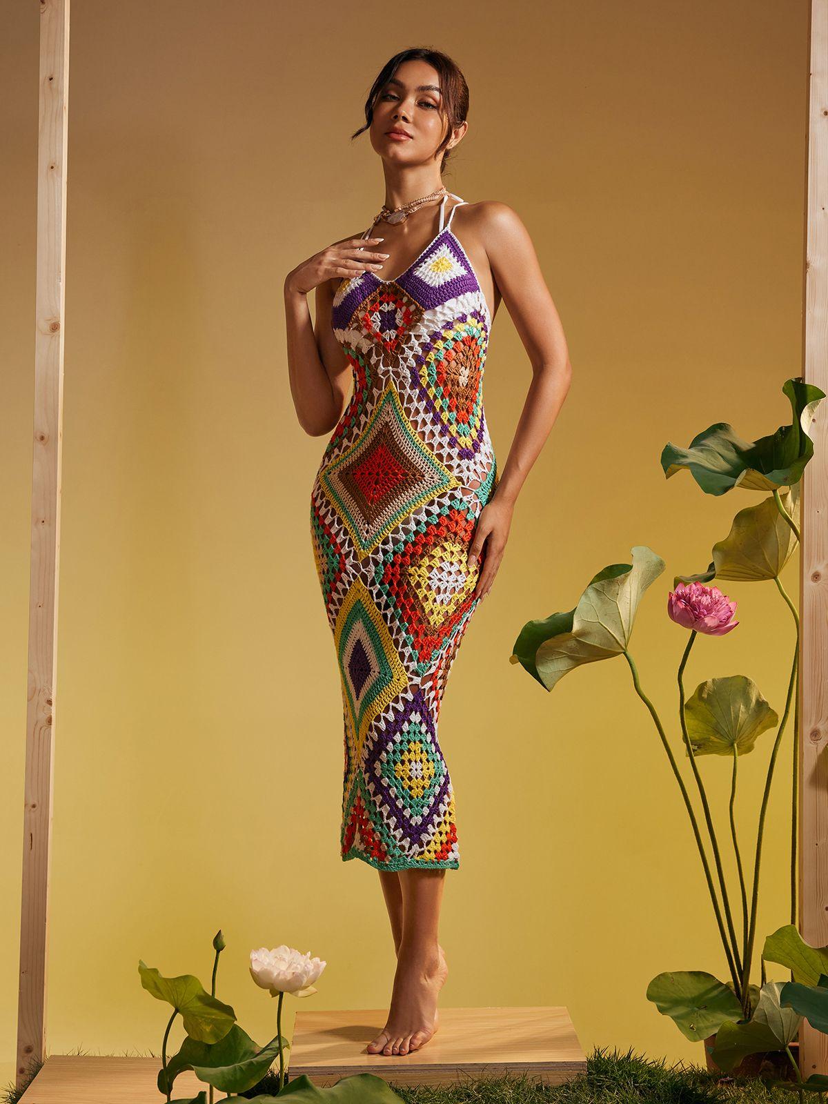 Spaghetti Printed Hollow Knitted Dress