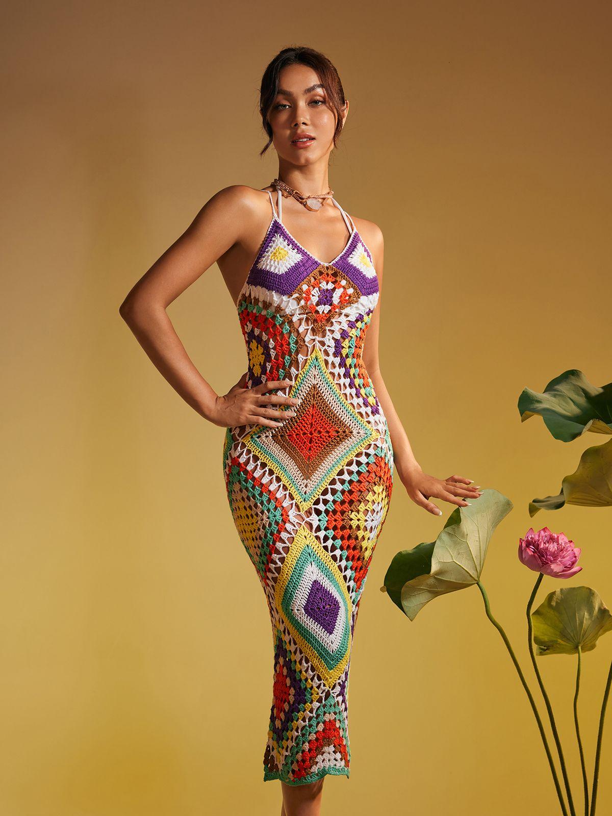 Spaghetti Printed Hollow Knitted Dress