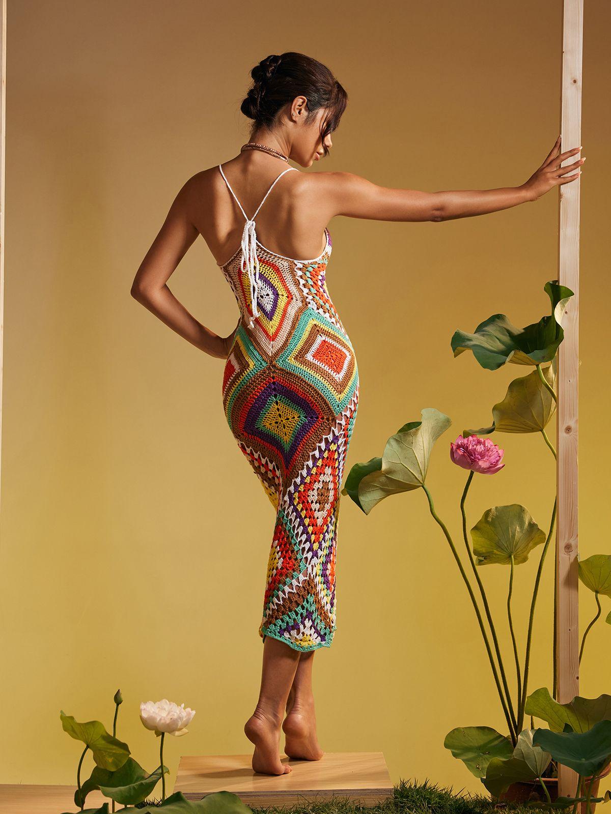 Spaghetti Printed Hollow Knitted Dress