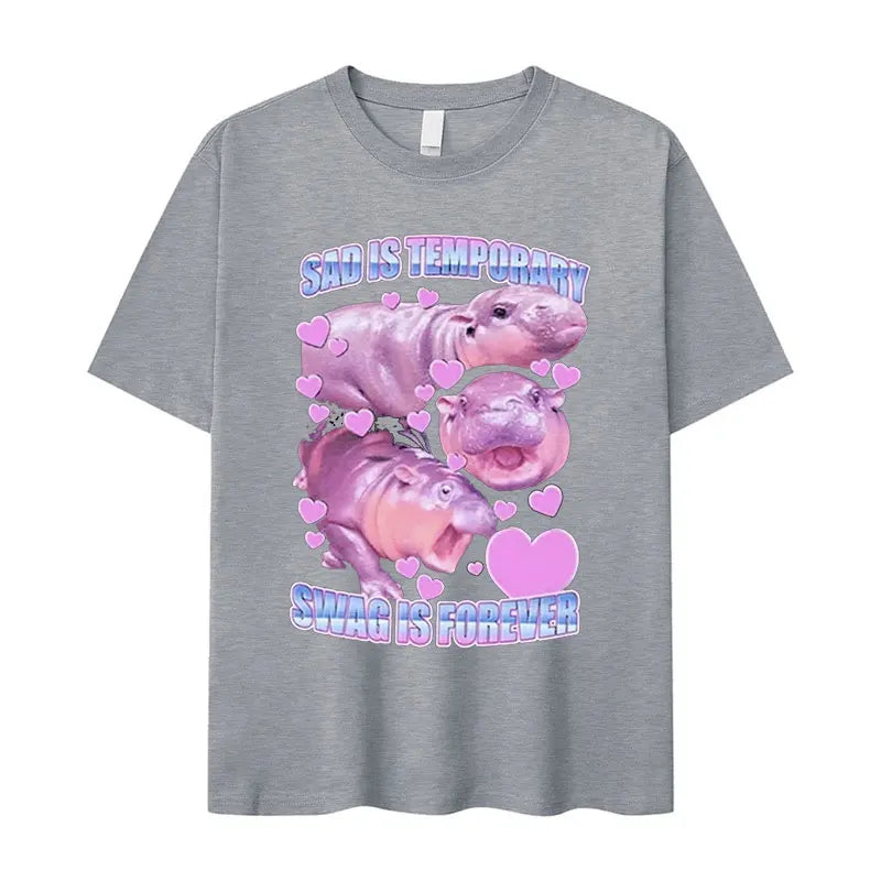 Retro Fashion Cute Baby Hippo Funny Meme Oversized Cotton Men Women TShirt Moo Deng