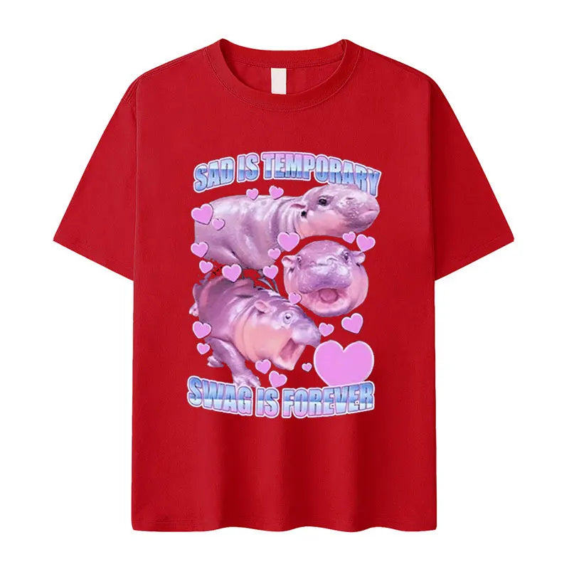 Retro Fashion Cute Baby Hippo Funny Meme Oversized Cotton Men Women TShirt Moo Deng
