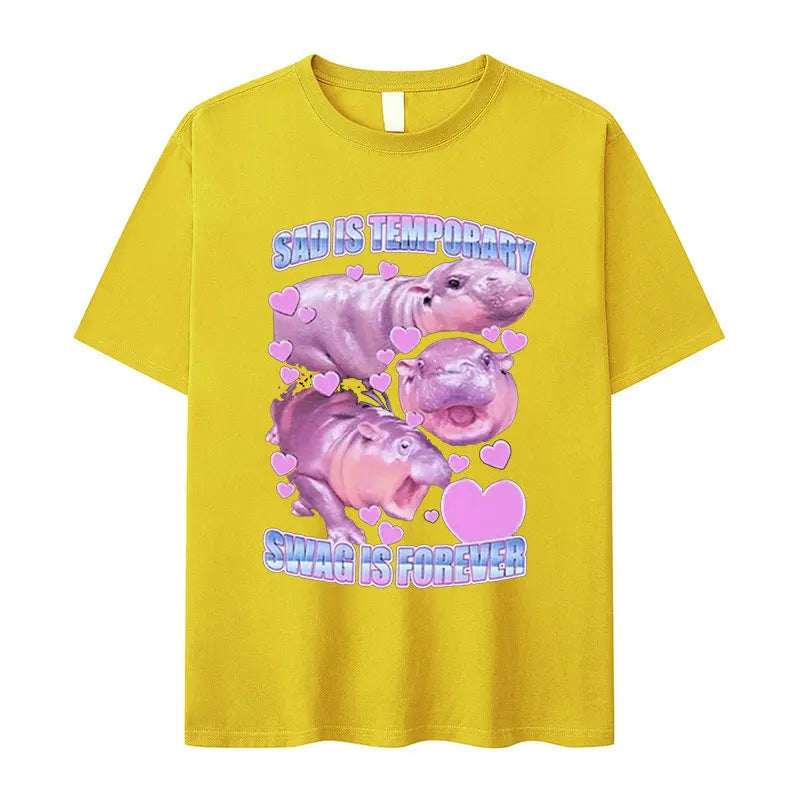 Retro Fashion Cute Baby Hippo Funny Meme Oversized Cotton Men Women TShirt Moo Deng