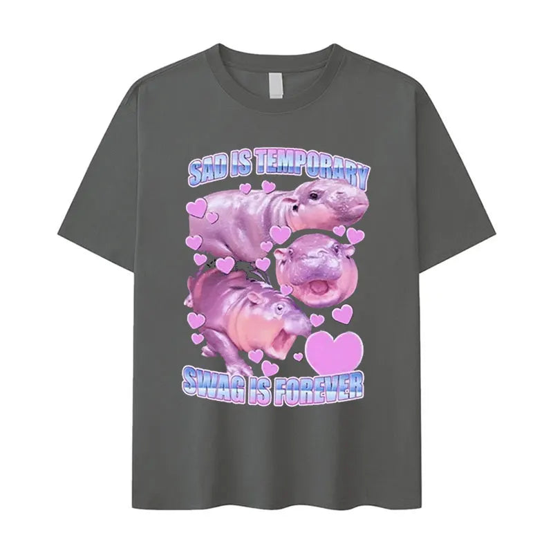 Retro Fashion Cute Baby Hippo Funny Meme Oversized Cotton Men Women TShirt Moo Deng