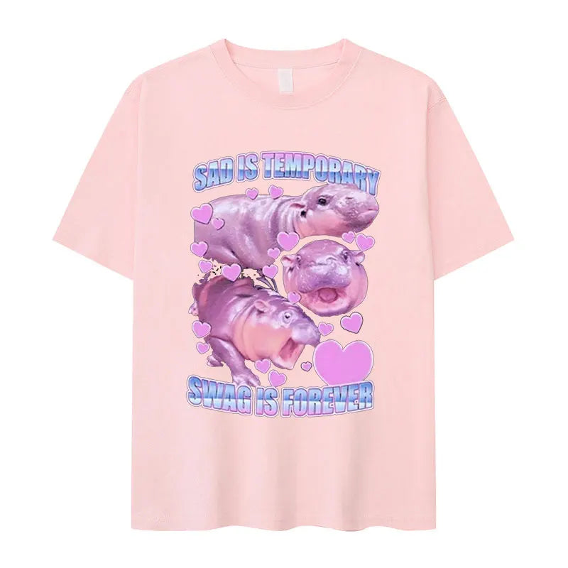 Retro Fashion Cute Baby Hippo Funny Meme Oversized Cotton Men Women TShirt Moo Deng