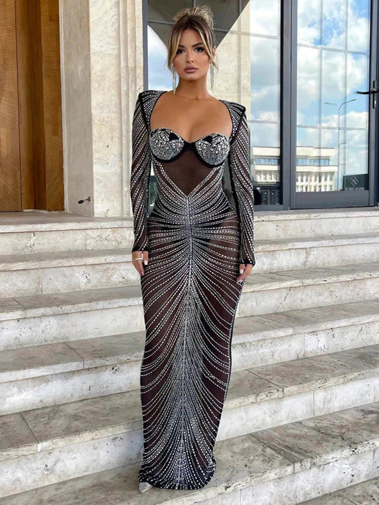 Mozision Glitter Mesh See Through Party Maxi Dress For Women Party Dress