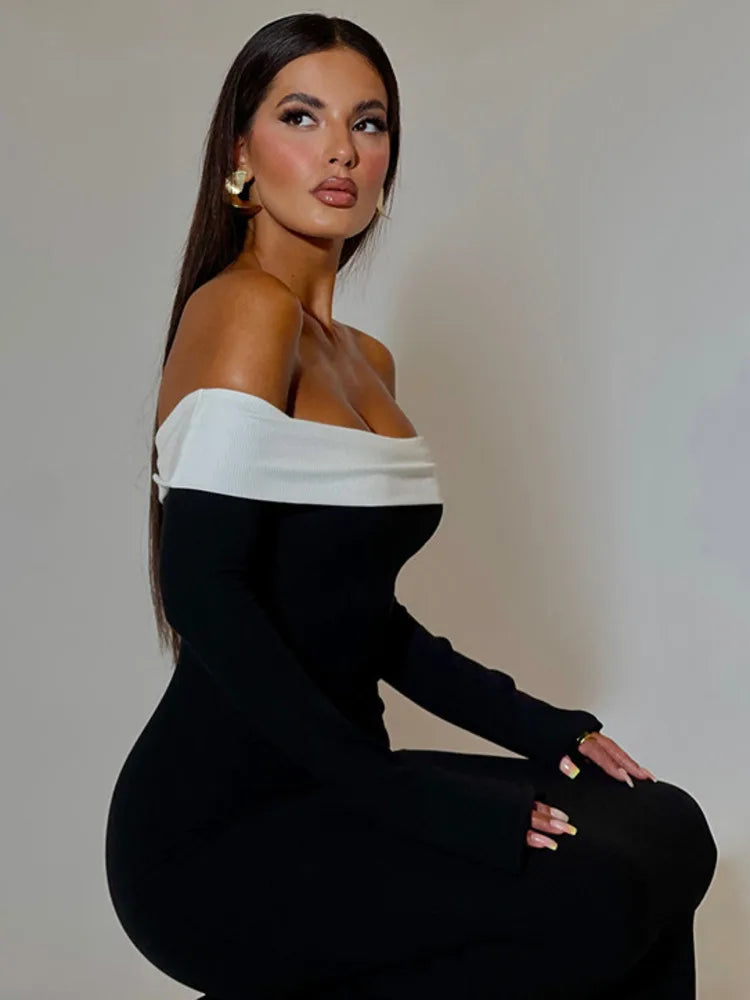 Contrast Color Offshoulder Backless Maxi Dress
