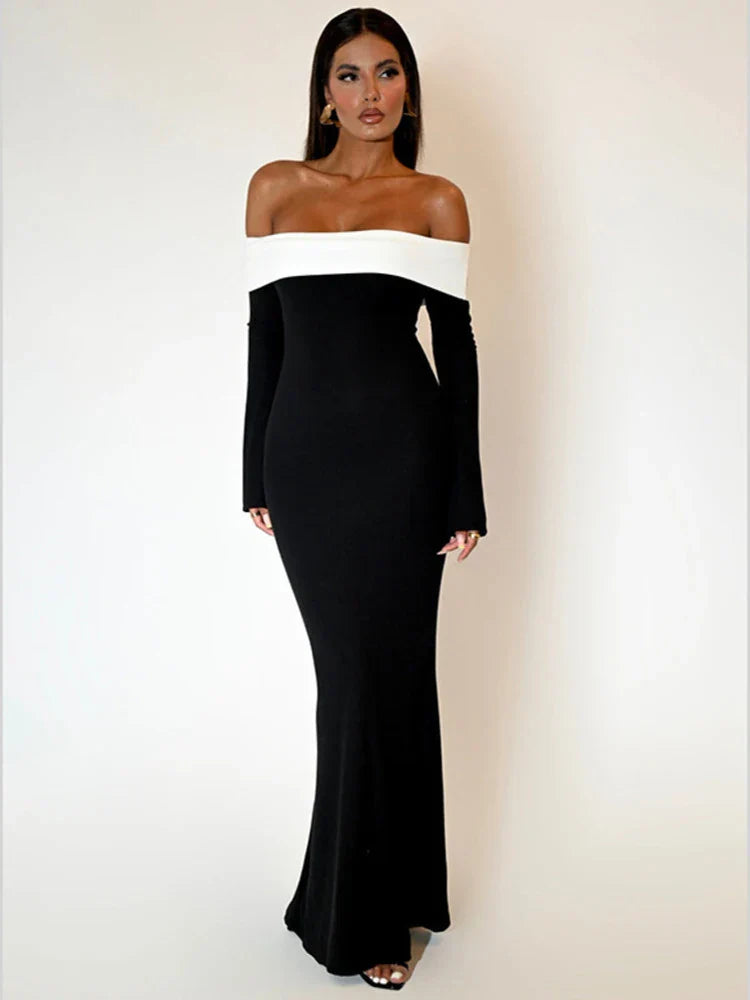 Contrast Color Offshoulder Backless Maxi Dress