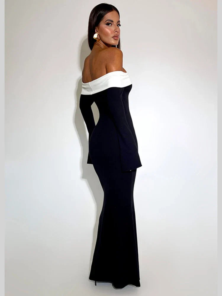 Contrast Color Offshoulder Backless Maxi Dress