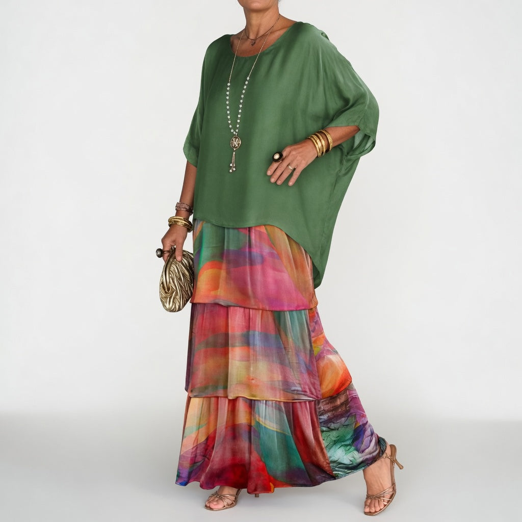 Round Neck Batwing Sleeve Tiered Chiffon Flowy Maxi Dress
