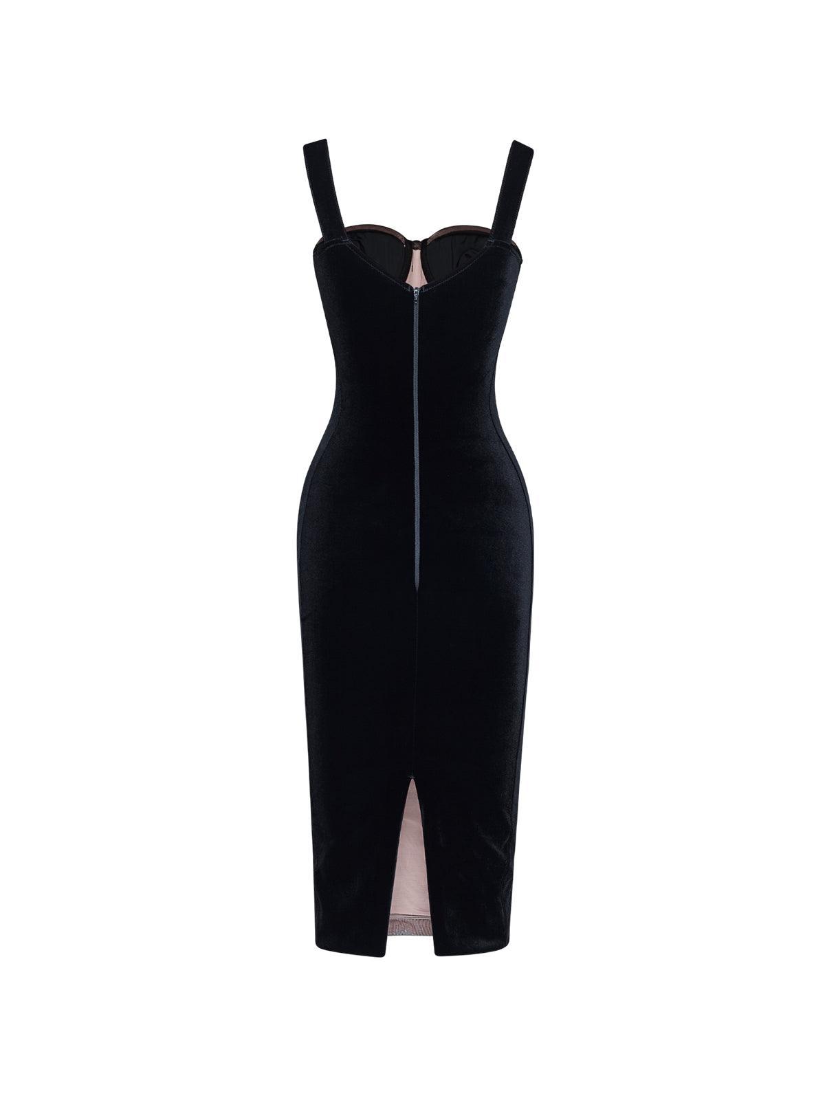 Square Neck Ruched Mesh Velvet Trim Bodycon Midi Dress