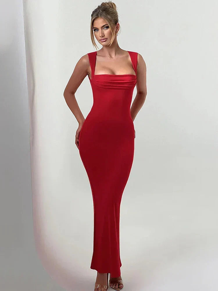 Pleated Sleeveless Evening Party Dress Elegant Sexy Bodycon Maxi Long Christmas Red / S Dresses-L